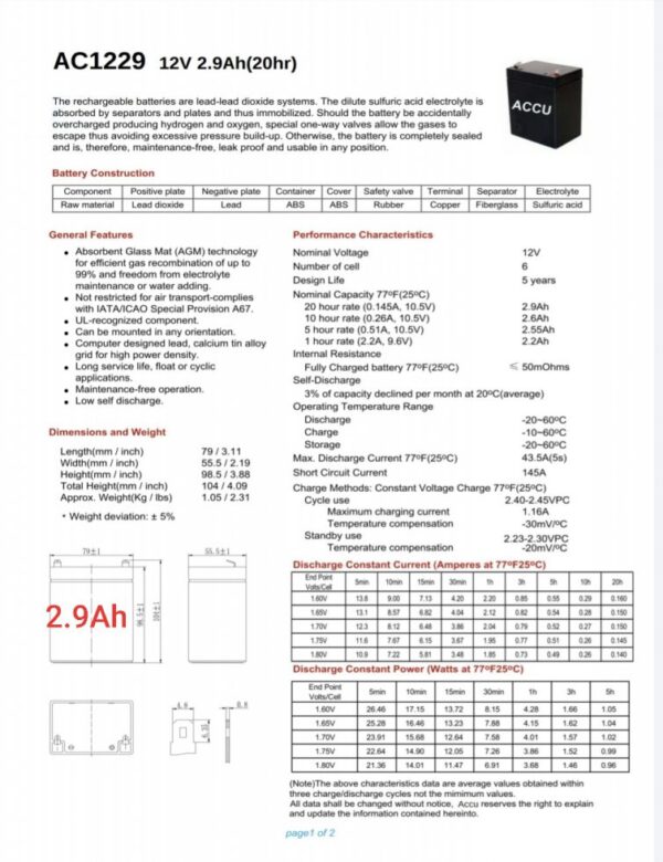 แบตเตอรี่ups เครื่องสำรองไฟ accu 12V 2.9ah