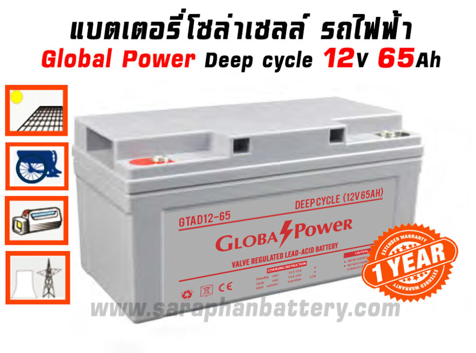 แบตเตอรี่โซล่าเซลล์ 65แอมป์ Global Power GTAD12-65 12V 65AH แบตเตอรี่โซล่าเซลล์ 65แอมป์ Global Power GTAD12-65 12V 65AH