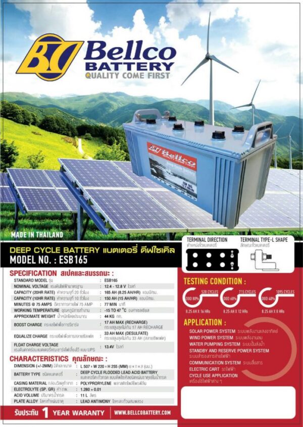 สเปคแบตเตอรี่โซล่าเซลล์ Bellco esb 165 12v 165ah