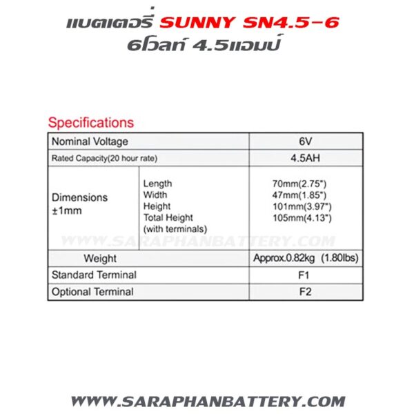 สเปคแบตเตอรี่ up สำรองไฟ sunny 6V4.5Ah