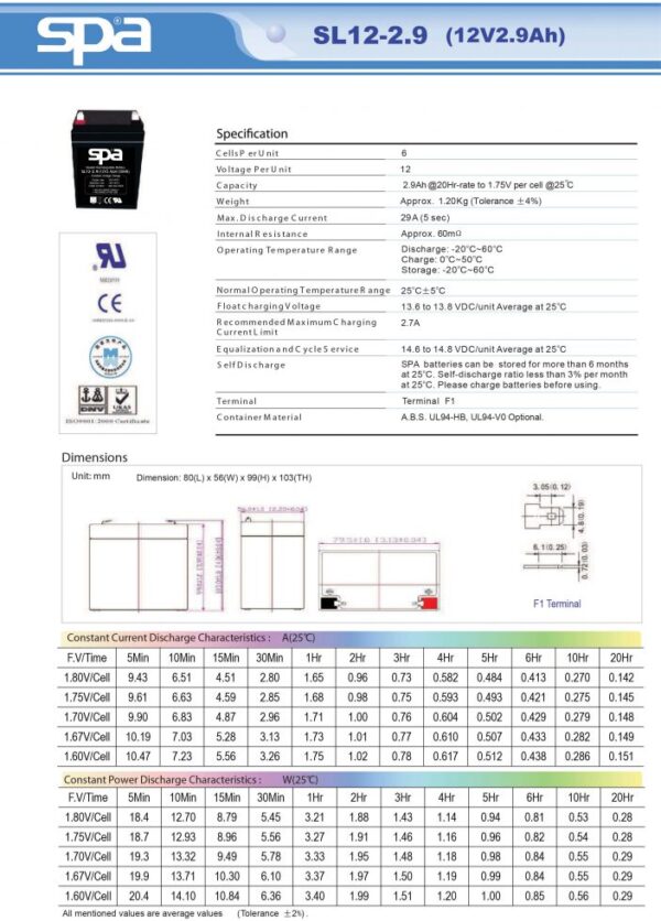 แบตเตอรี่ SPA SL12-2.9