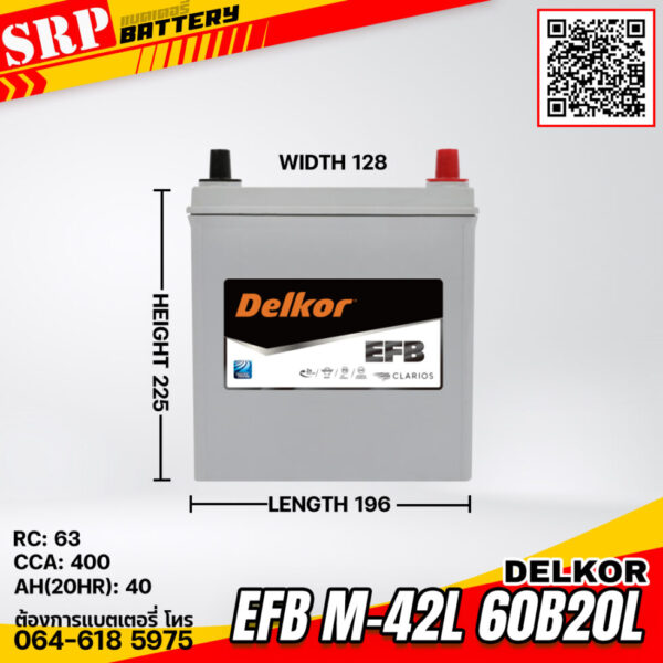 แบตเตอรี่ Delkor EFB M-42L 60B20L (12V 40Ah)