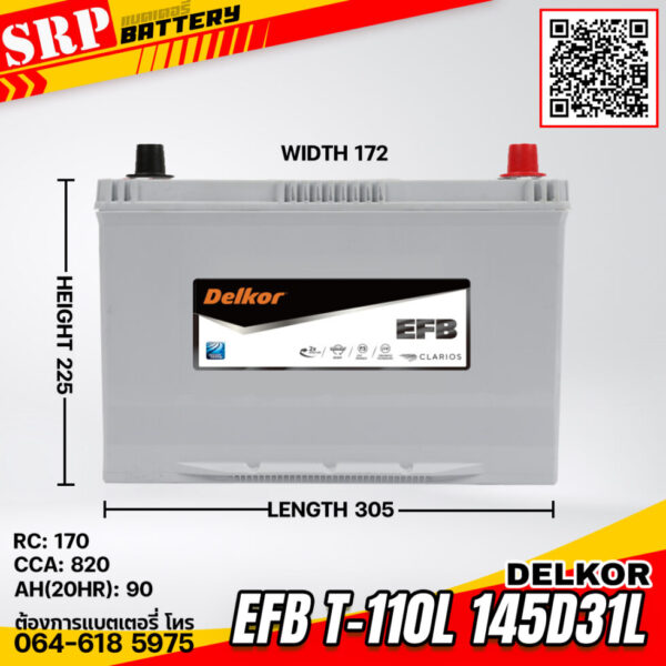 แบตเตอรี่ Delkor EFB T-110L 145D31L (12V 90Ah)