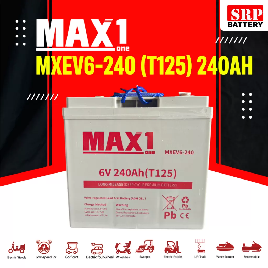 แบตแม็กซ์วัน 6V240Ah รุ่นยอดนิยมสำหรับ กลุ่มรถกระเช้า X-lift รถยกขากรรไกร updated on 2026 MAX1-MXEV6-240-T125-240Ah