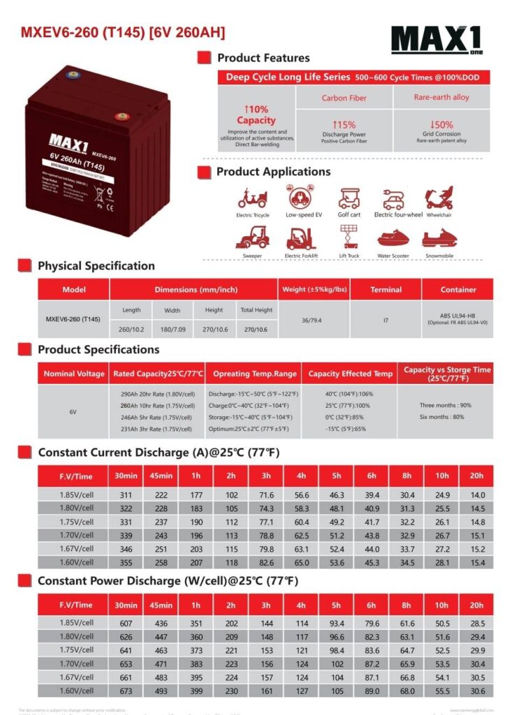 แบตเตอรี่ MAX1 MXEV6-260 (T145) 6V 260AH (Deep Cycle Premium Battery)